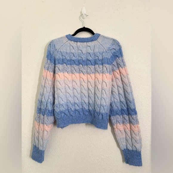 Zara Chunky Cable Knit Wool Alpaca Blend Cropped Cardigan Blue & Pink Large NEW - Picture 7 of 8